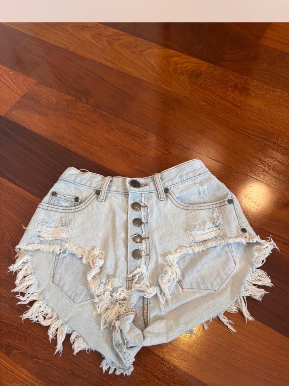 One Teaspoon Light Blue Distressed Button-Front Jean Shorts
